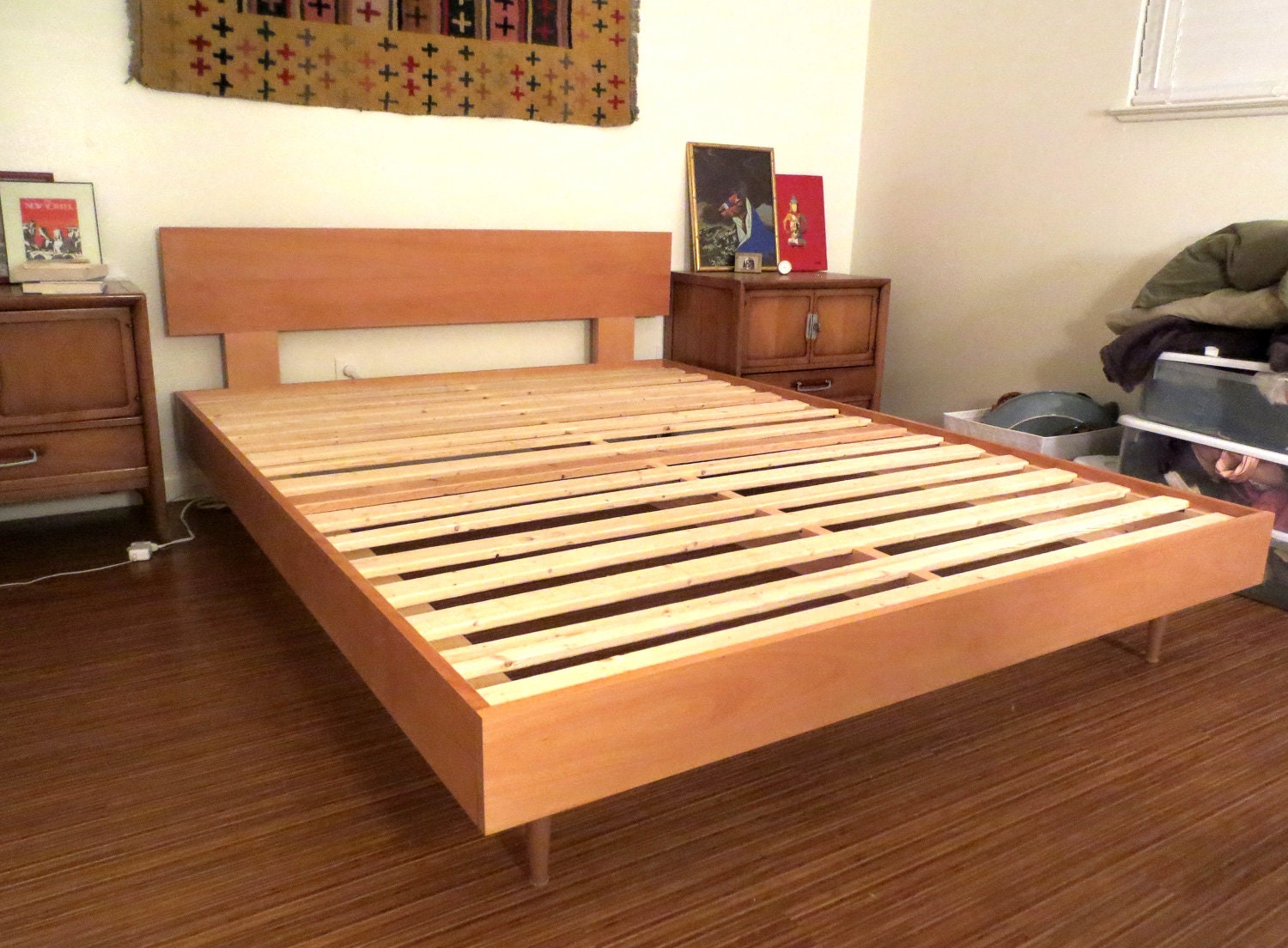Mid Century Style Queen Bed - Custom and Handmade Furniture - Beech Wood Teak Finish