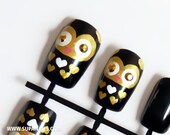 Cute Owls: Gold - 12  handpainted black/gold owl nails with rhinestone eyes and hearts