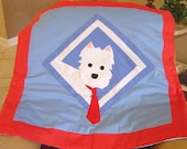 New Handmade Dog Quilt / Blanket  with WESTIE DOG APPLIQUE For Dog Lovers 34x34in Blue, Red and White