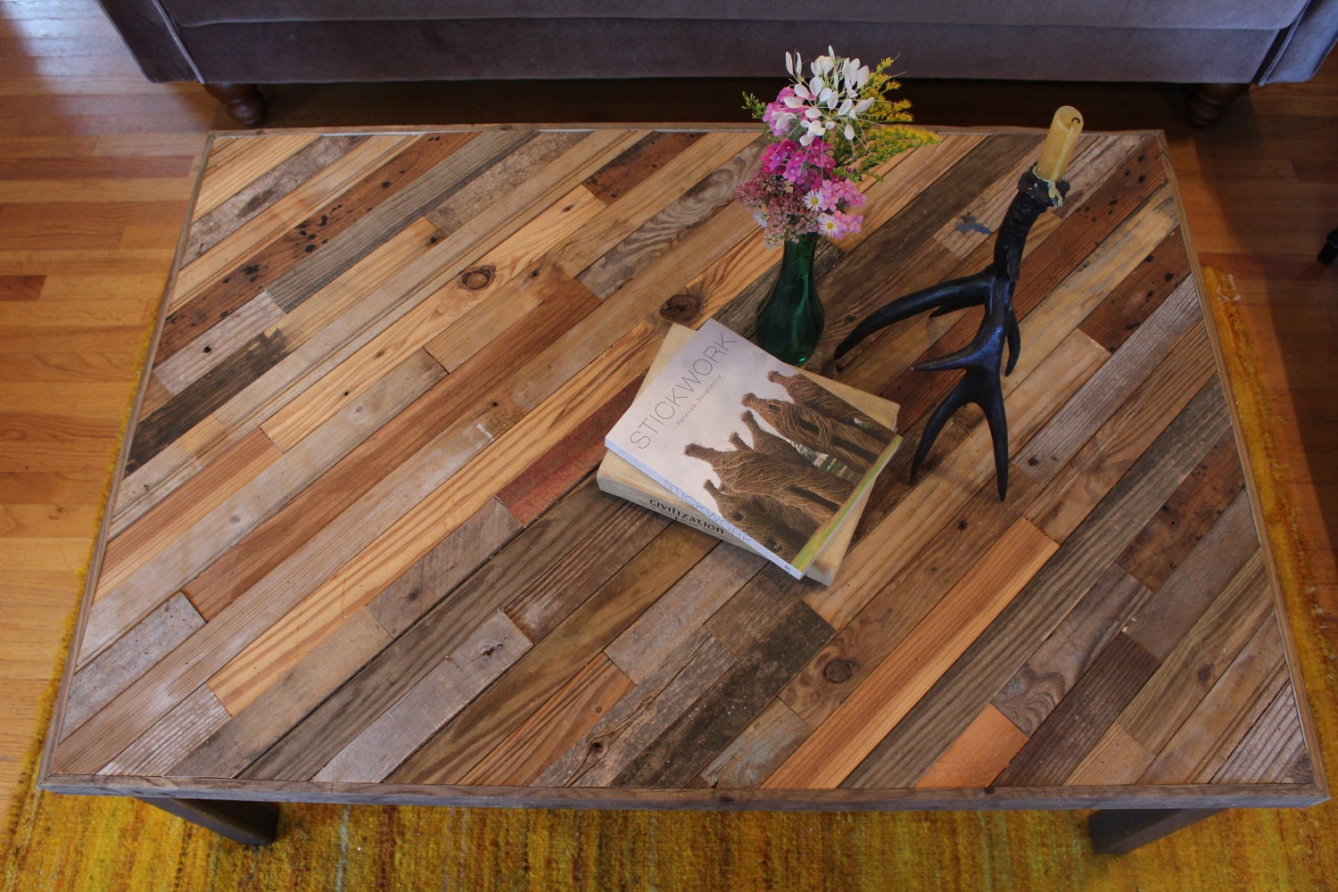 Reclaimed Pallet and Barn Wood Coffee Table with Steel Legs - Perseids