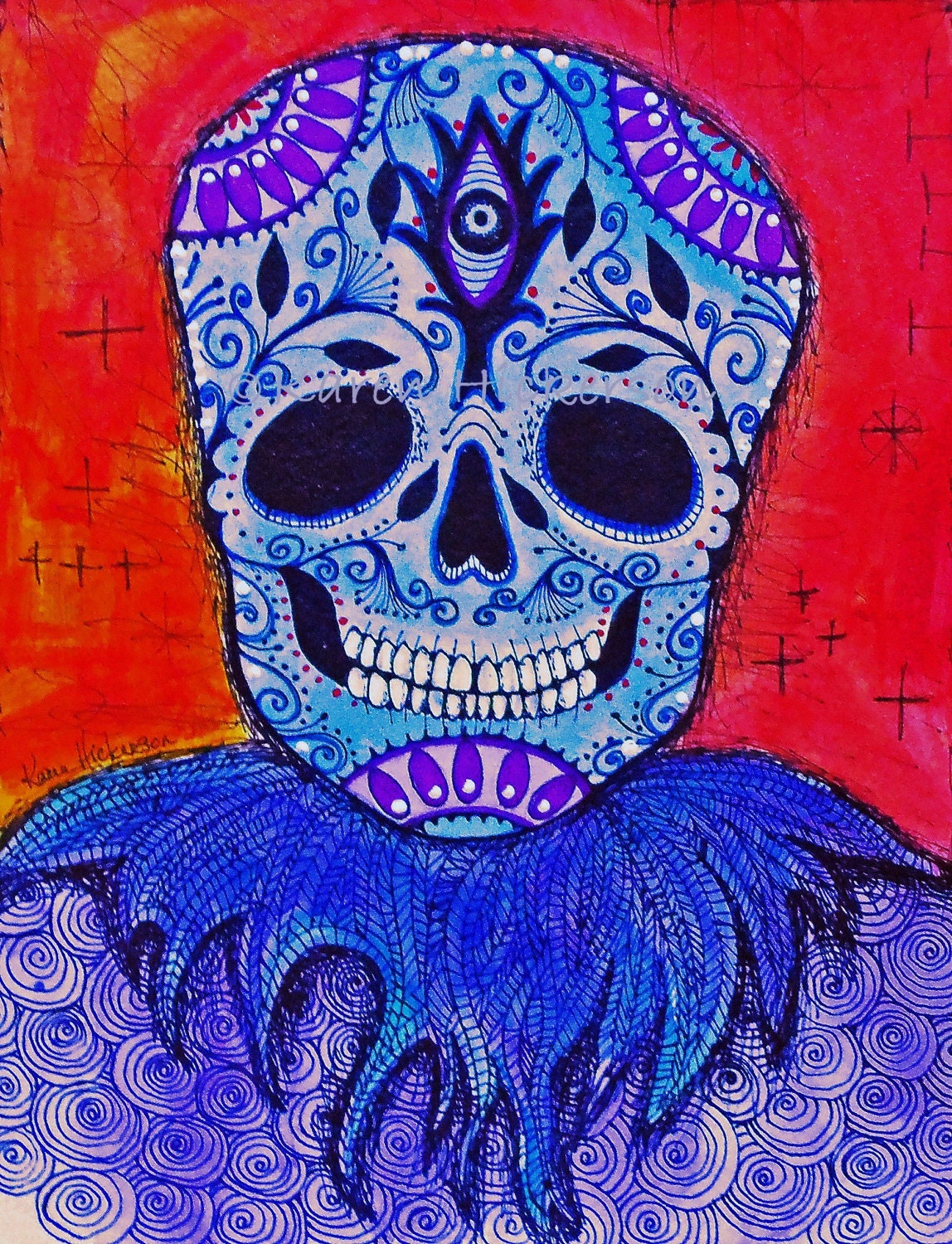 ORIGINAL PAINTING Mexican Day of the Dead Sugar Skull Primitive Southwestern Modern Folk Art Signed Karen Hickerson - Free Shipping