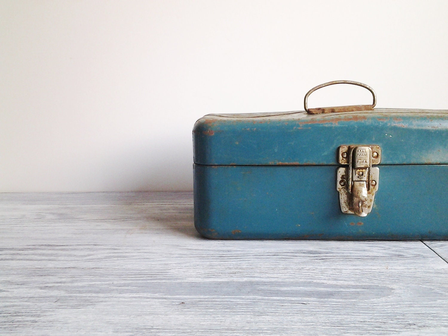 Vintage Teal Blue Metal Tackle Box Rusted Tool Case - CocoAndBear