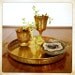 vintage brass gallery tray round floral handles reticulated edge hollywood regency