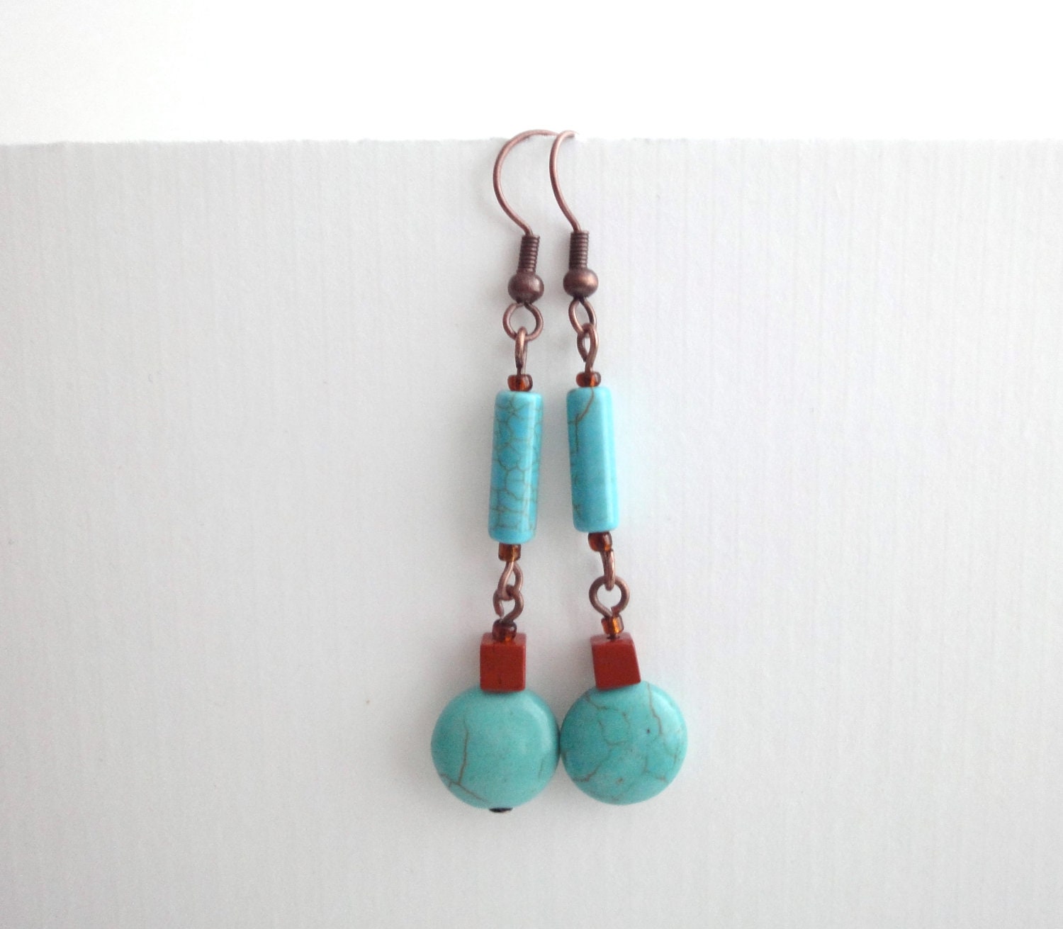 Turquoise earrings with Red Jasper cube beads - unusual semi precious earrings
