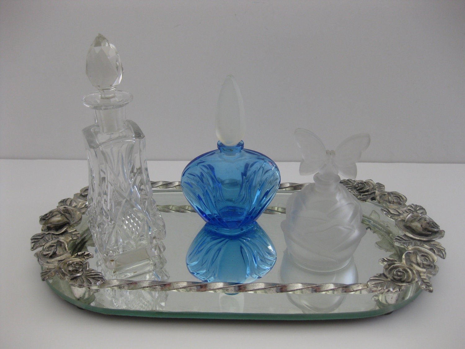 3 Perfume Bottles: Cobalt Blue, Cut Crystal and Frosted w/ Butterfly Stopper