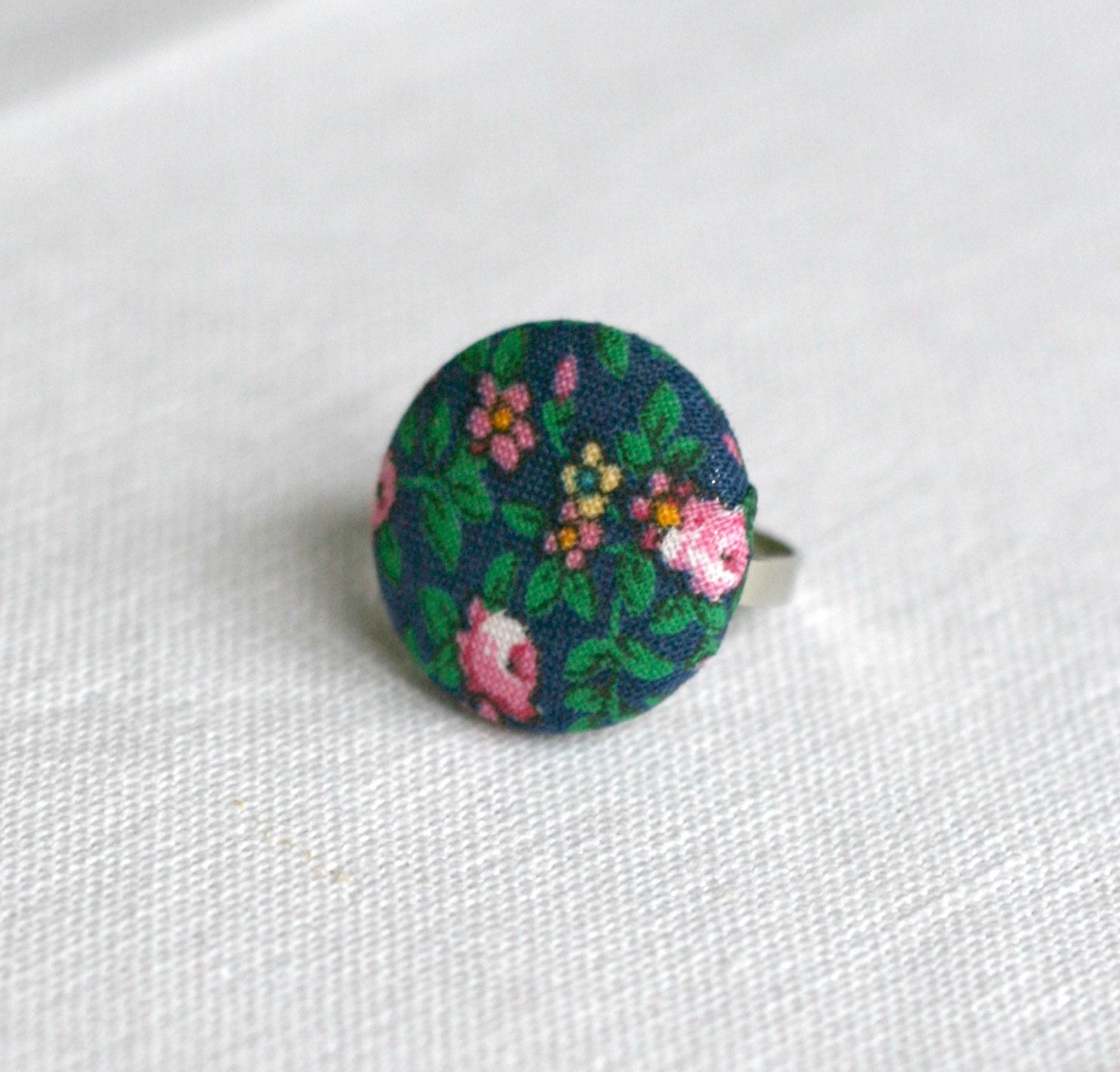 Navy Blue & Pink Floral Fabric Covered Button Ring