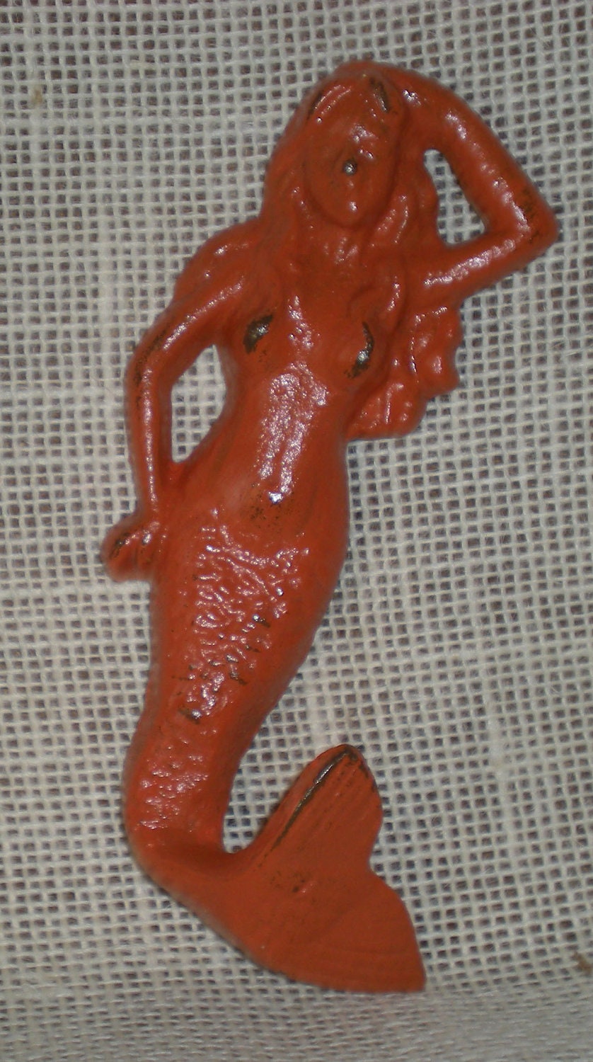 READY TO SHIP-Orange-Mermaid Cast Iron Hook-Beach -Cottage-Nautical-Shabby Chic-Coastal-Bath Hook-Bathroom-Coat Rack