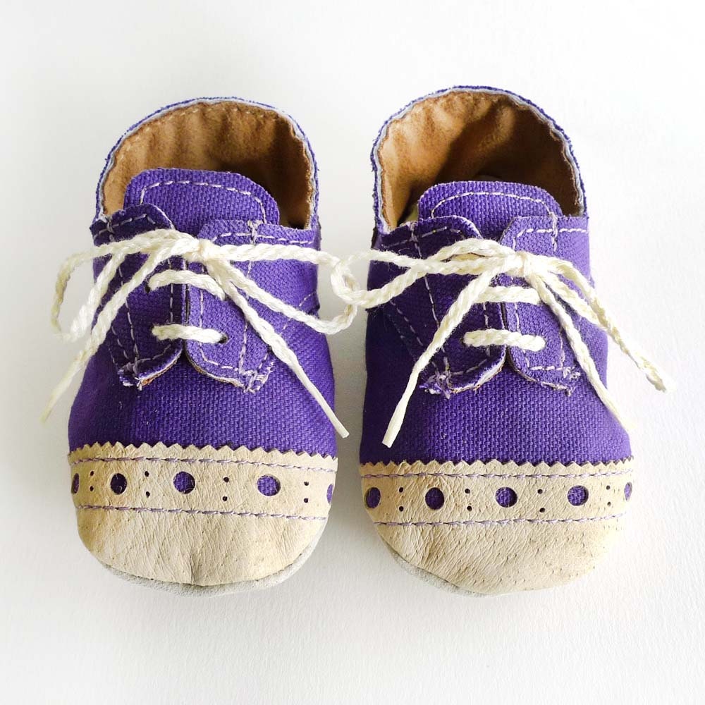 Baby Shoes Boy or Girl Purple Canvas with Brogued Leather Crib Shoes