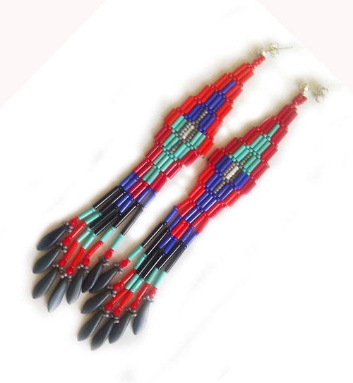 Blue and Orange Intricate Beaded Geometric Fringe Earrings