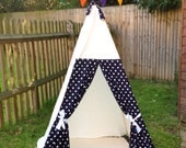 Teepee Play Tent -tipi- Navy and White Polka Dot - Poles included