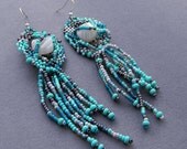Turquoise freeform beaded earrings with agate - boho / bohemian jewelry