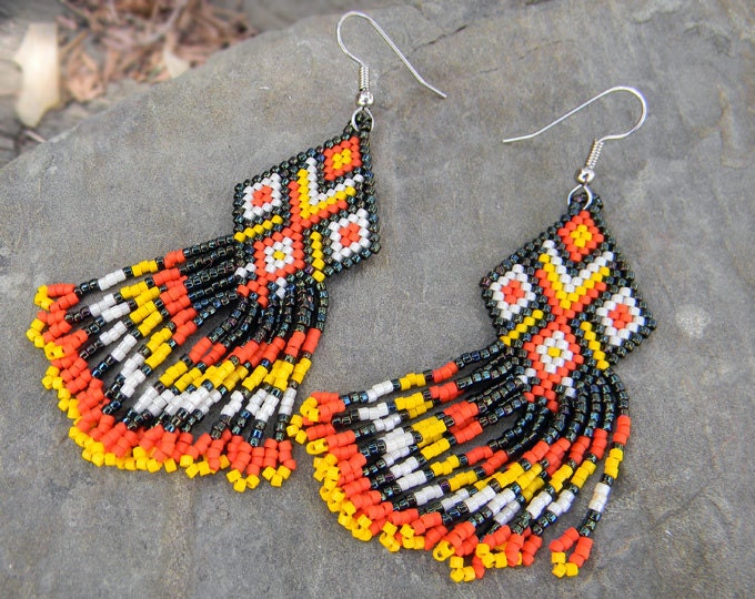 Colorful Native American Style Seed Bead Earrings in orange, yellow, dark green  and beige tones