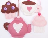 PDF pattern - Set of four felt ornaments - teapot, teacup, muffin and cupcake - DIY felt decorations, Xmas or Valentine's ornaments,