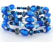 Blue and Clear Swarovski Crystal Memory Wire Beaded Bracelet