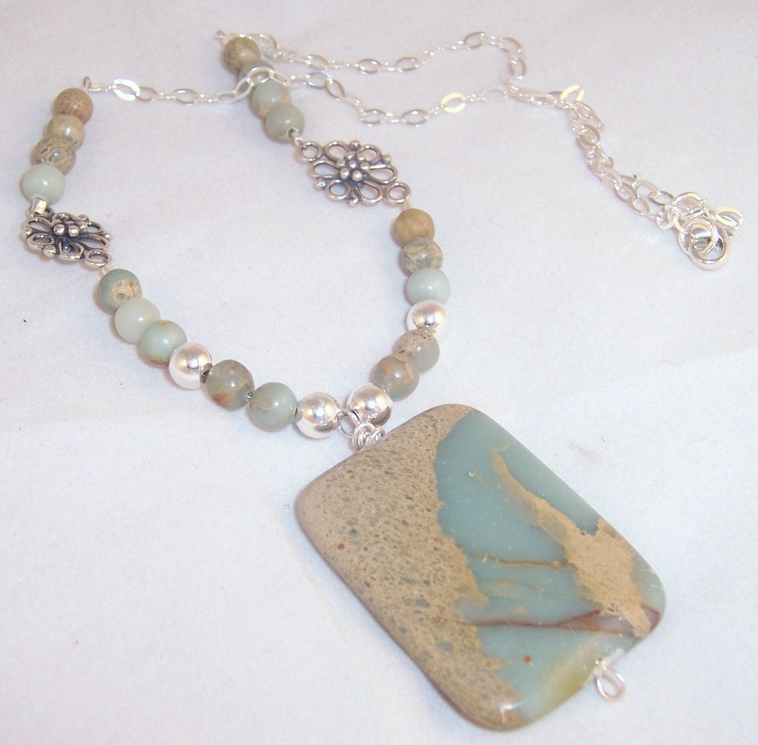 Impression Jasper Necklace, jasper pendant, silver flower jewelry