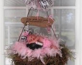 pink/black decor baby sleeping with feathers unique custom hospital door wreath