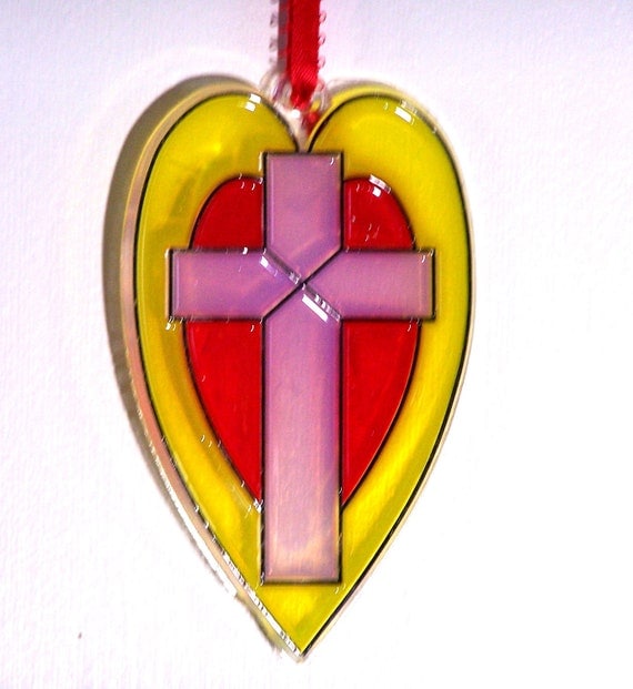 ORNAMENT - Heart & Cross- Acrylic - Red - Yellow- Lilac- Handpainted Home Decor