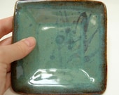 Teal dessert plate: handmade square dish, slab built stoneware