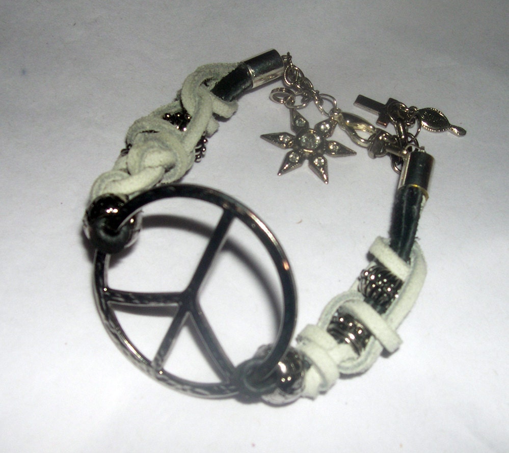 Unique Leather Macrame Tibetan Beaded Peace Charm  Bracelet in white and black with FREE continential US Shipping
