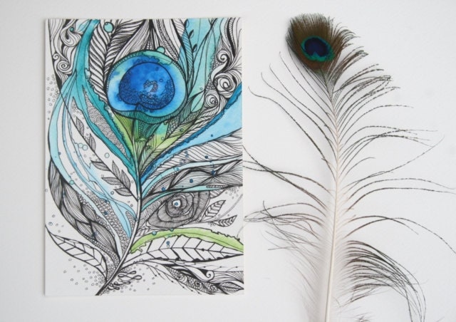Zen Peacock Feather- 5x7 Original Artwork, Ink and Water Colors