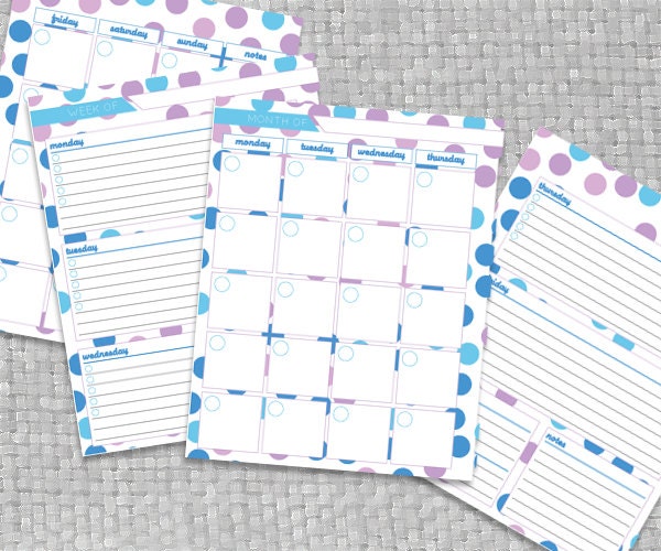 DIY Printable Weekly and Monthly Planner/Calendar - Blue and Purple Polka Dot