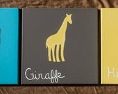 Safari Animals, Handmade Set of 3, 12x12 Acrylic on Canvas, Giraffe/Elephant/Hippo in charcoal, aqua, and yellow. Reserved for Amanda