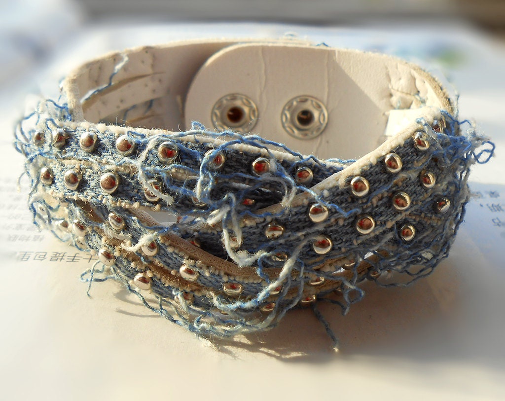 Spring Gift Unique Crazy Design Blue Jeans Rivet Winter White Carve Leather Cuff Adjustable Metal Button Wrap Bracelet  C-86