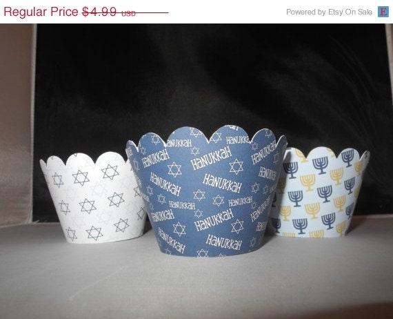 1st Year Sale Hanukkah 8 nights  Cupcake Wrappers. Set of 12 Dreidel Holiday Shalom
