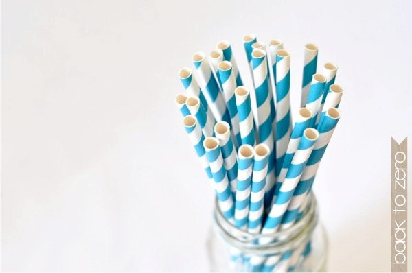 Paper Straw Striped - Teal x 25