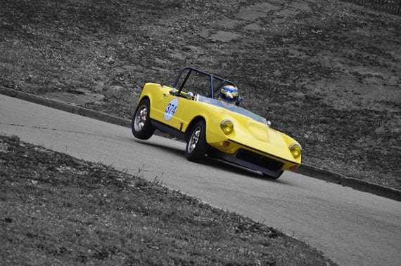 Race Car Photo, selective color photograph, black and white, and yellow, 8 x 10 fine photography print, Three Traction, One Inaction
