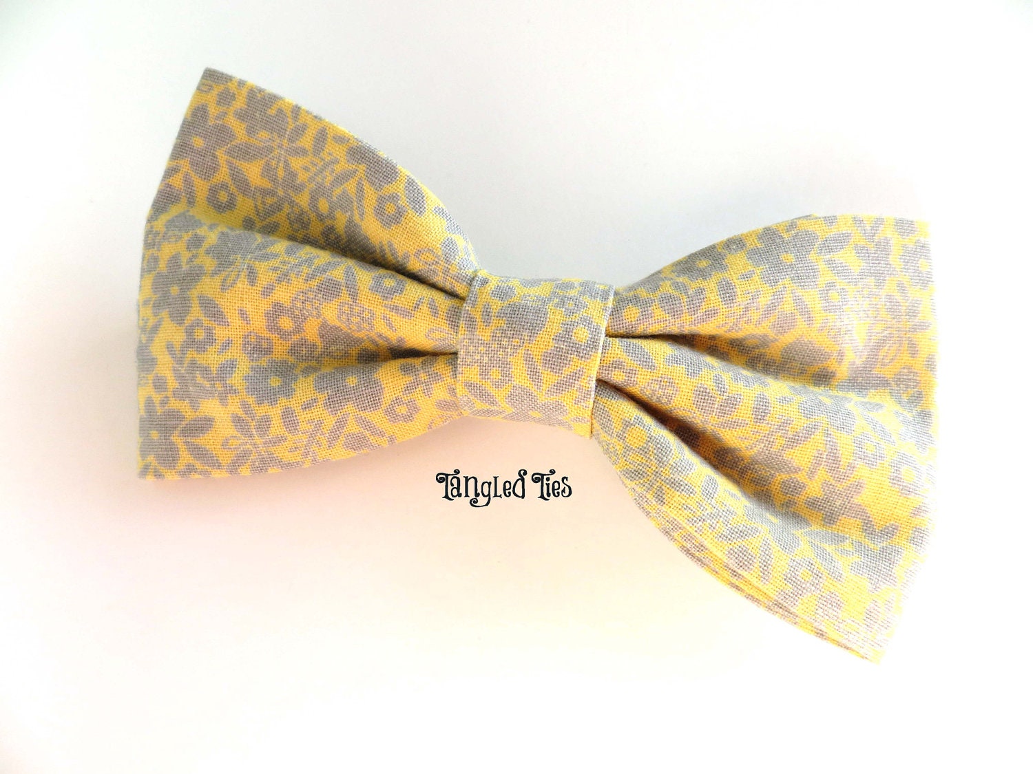 Yellow and Gray Floral Bow Tie, Clip-On For Men or Boys Tailored in 100% Premium Cotton