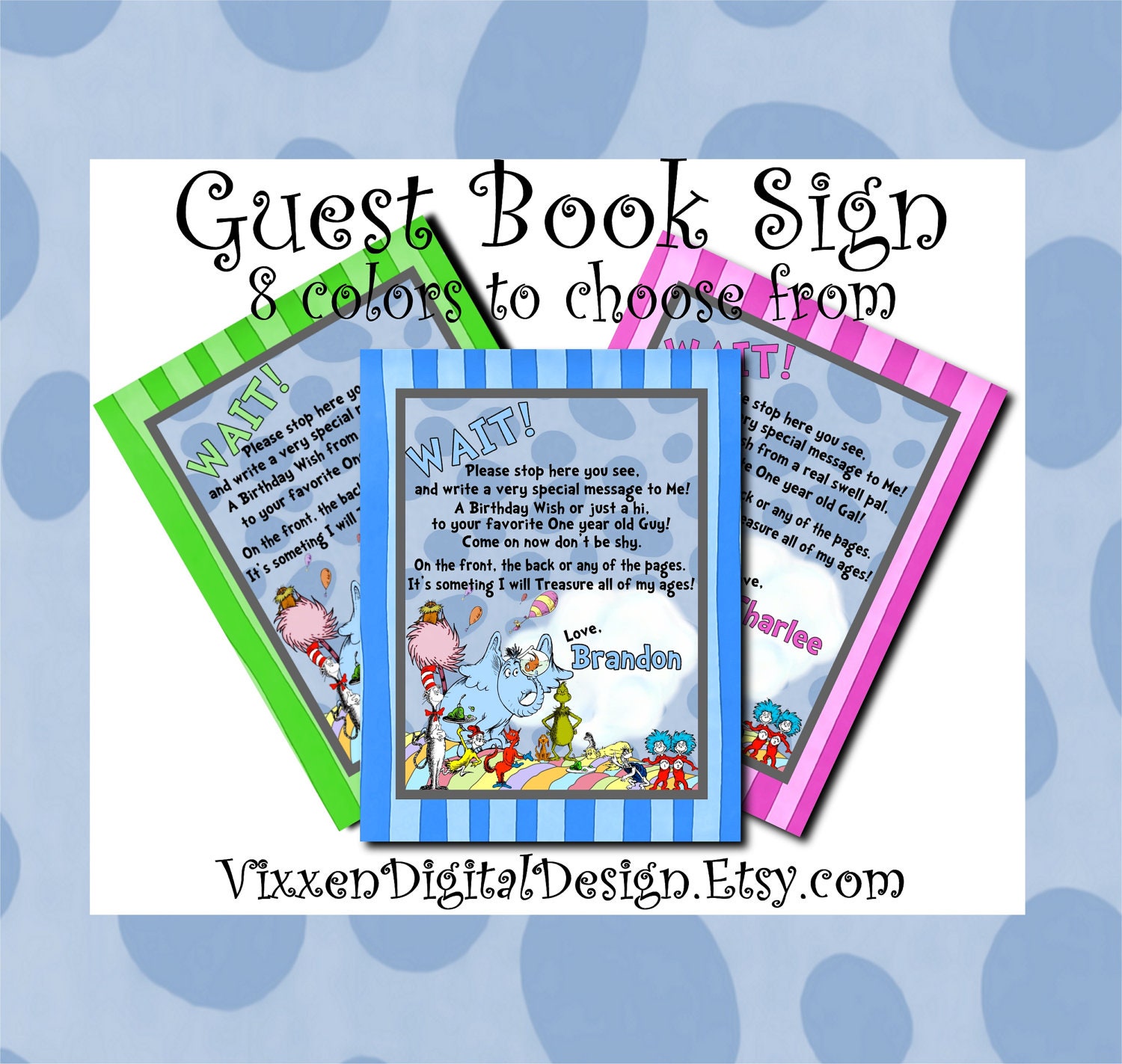 DR. SEUSS Guest Book Bithday Sign The Cat in the hat and the Gang Pastel Colors other party supplies avaliable