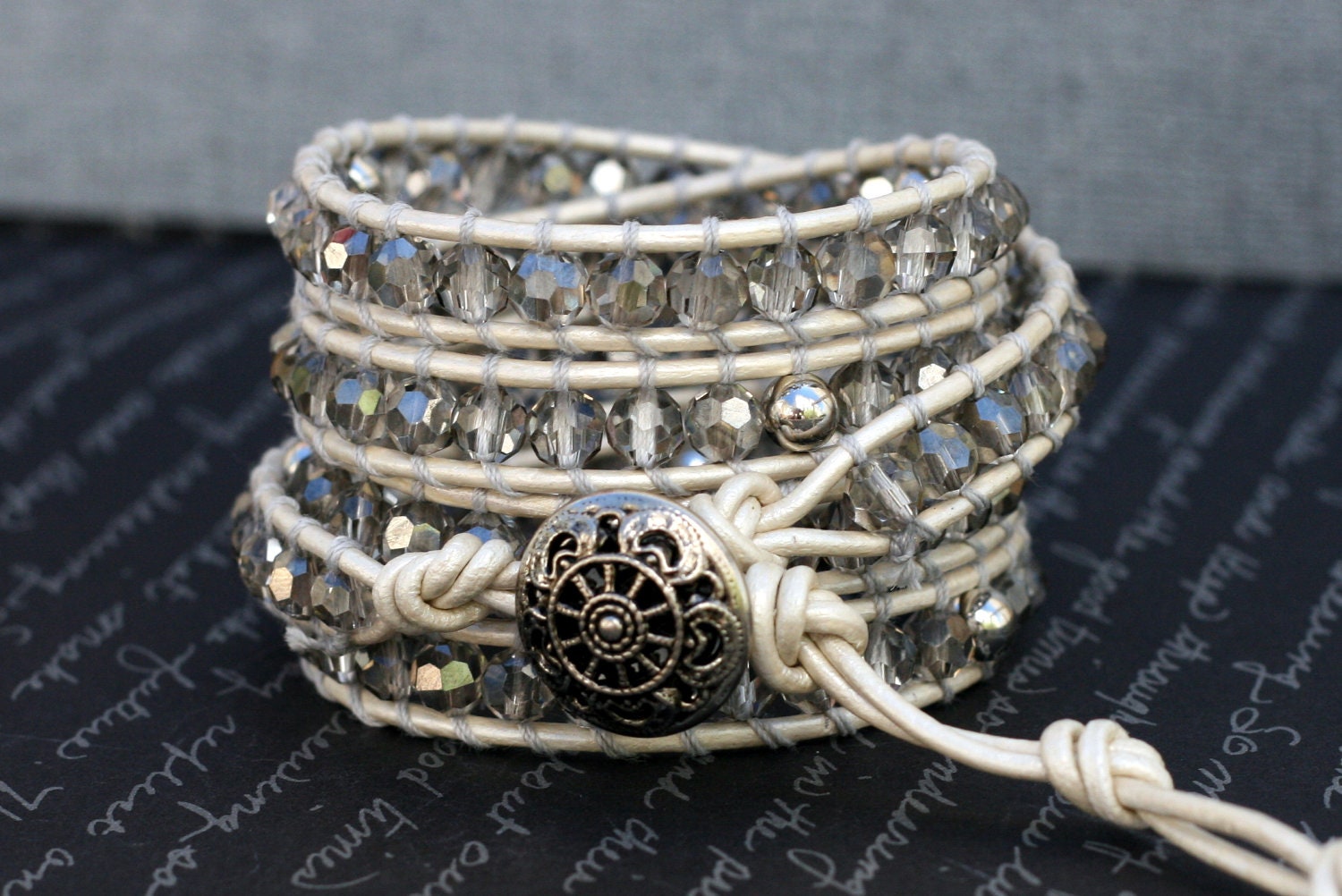 chan luu style wrap bracelet- silver faceted crystal with silver accents on pearl white leather