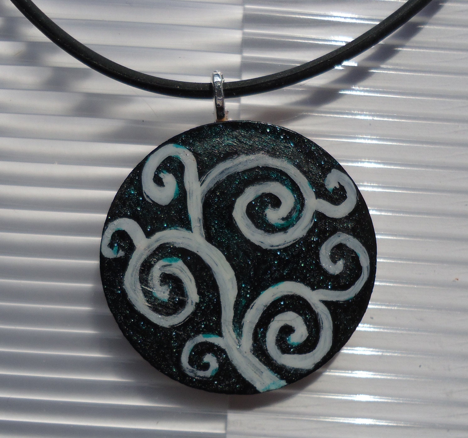hand painted green, black, with white swirls art pendant, one of a kind, twilight, starry night, sweet and simple