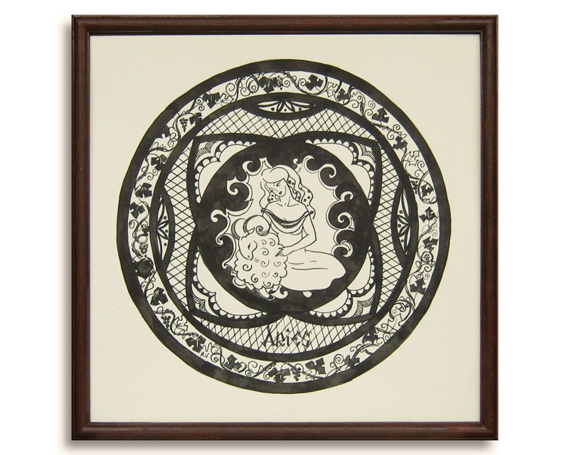 Aries Zodiac Sign Framed Original Pen And Ink Drawing 14" x 14" Illustration Fine art by Valiulina