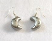 Silver Crescent Moon Earrings - Handcrafted Polymer Clay Jewelry - Earring Charms - Silver Plated, Nickel Free, Lead Free, Dangle Earrings