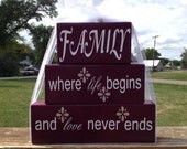 Primitive family wood block set stacker home decor birthday wedding anniversary gift family where life begins and love never ends