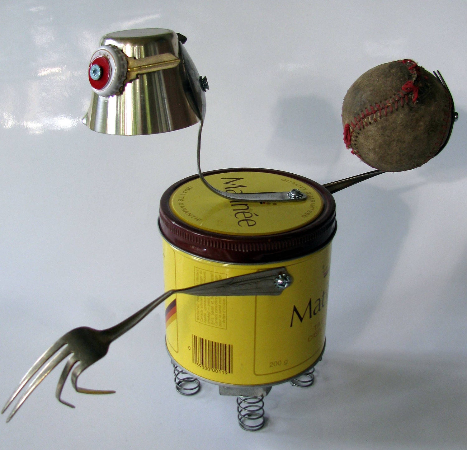 Upcycled Recycled Repurposed ROBOT Sculpture- "Baseball Player Joe  Di Tobacco"