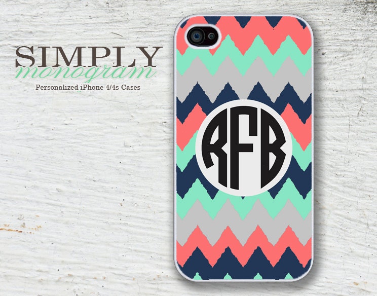 iphone 4 case - iphone 4s case - plastic or silicone rubber - chiq mint and navy grunge chevron monogram