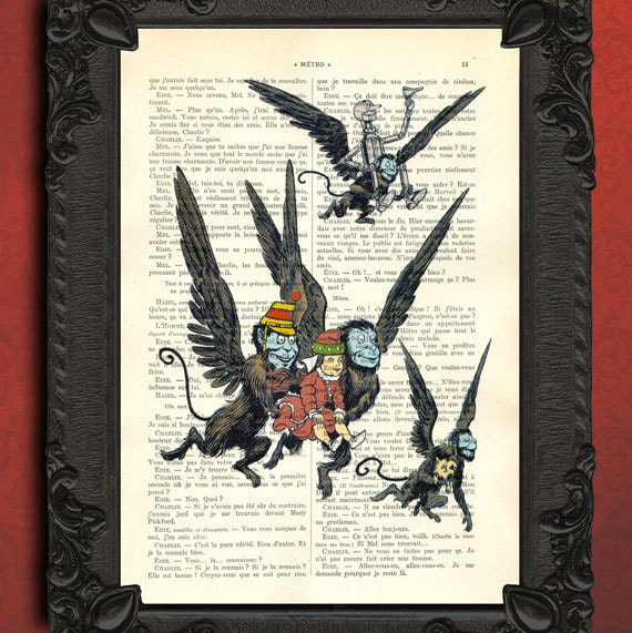 Wizard of oz - flying monkey scene vintage WIZARD OF OZ illustration book page - beautifully upcycled french book page flying monkeys