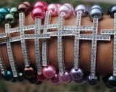 Bright Glass Pearl Beaded Stretch Bracelet with Pave Rhinestone Skinny Silver Cross in Multi Colors, Bridesmaid Gift