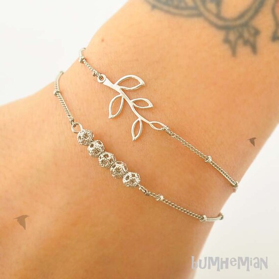 Stackable Simple Ball Chain With Mini Leaf Branch, One Bracelet