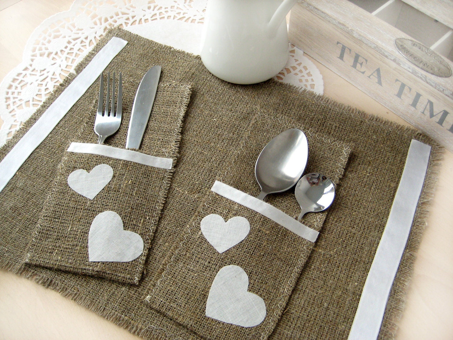 Set of 6-Bride and Groom table setting, Burlap wedding table decorations, country rustic, Garden, woodland cottage, French country weddings