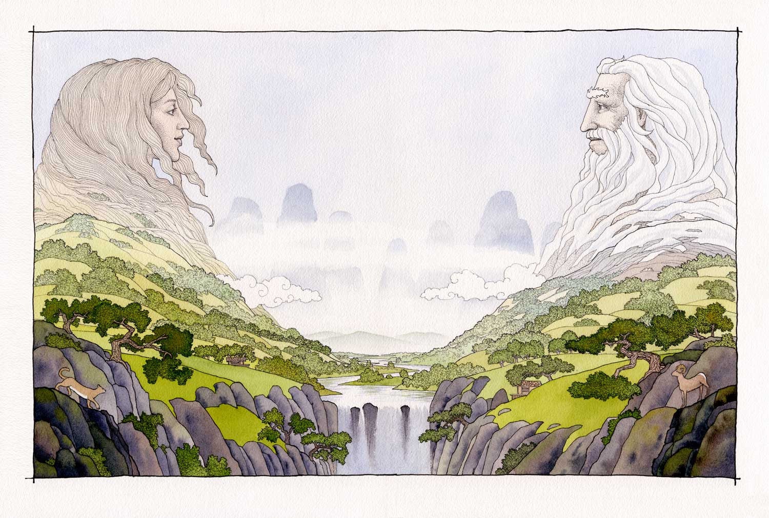 Mother Nature Father Time.  Earth spirits, sacred spirits, serene landscape, watercolor drawing, painting, fine original art print.