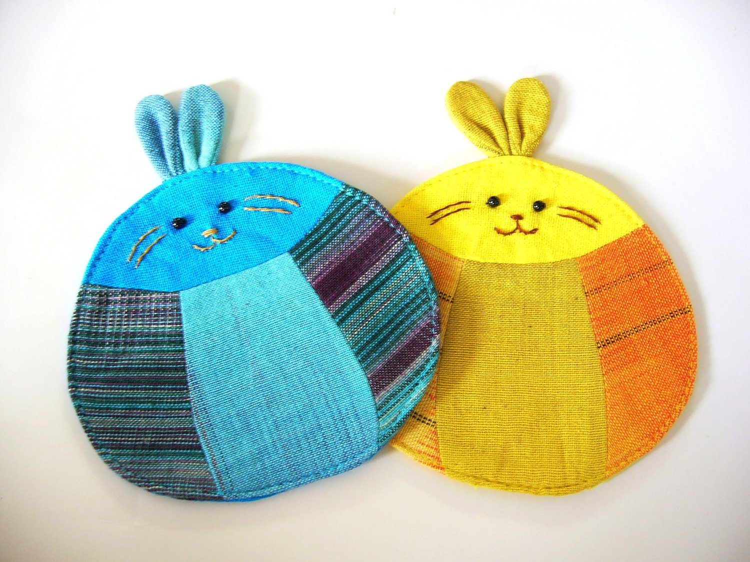 Handmade Rabbit Coaster, Fabric Coaster (Set of 2), Blue and Yellow Coaster, Bunny Coaster, Blue and Yellow Rabbit, Blue and Yellow Bunny