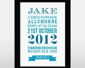 Custom Baby A3- Typographic Prints - Custom made, personalised prints for children & babies bedrooms, for little girls or boys