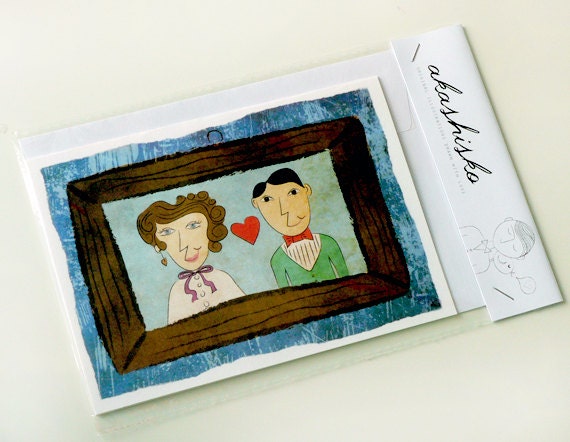 greeting card A6 (4.1 x 5.8) Gran and granpa portrait , people in love, heart, family portrait, original hand drawn retro style illustration