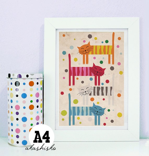 A4 print (8.2 x 11.7 inch) - lovely cute hand drawn animal illustration, 4 colorful cats, perfect home decor, high quality print, unique