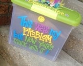 Cute, Fun, Functional: Custom, hand-painted large plastic storage container w/ latching lid & funky handle for office taxes work
