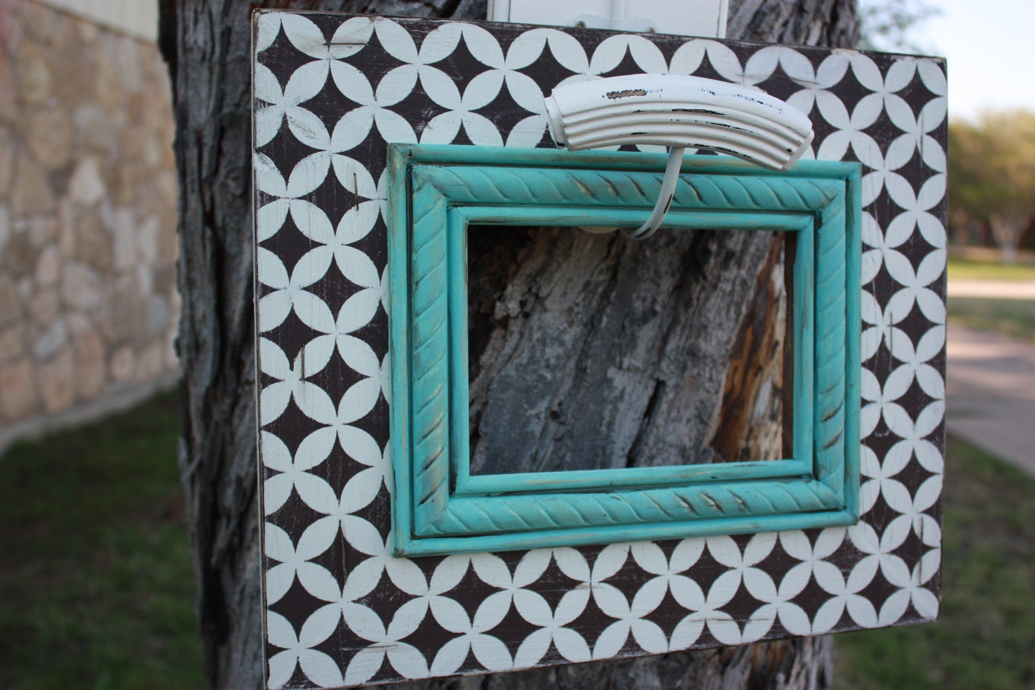 distressed 5x7 frame chocolate & heirloom white interlocking circles with turquoise scroll trim--table top or wall hanging option